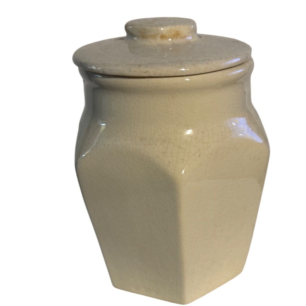Vintage Ceramic Cookie Jar Kitchen Canister with Lid Beige Crackle Glaze - Picture 3 of 6